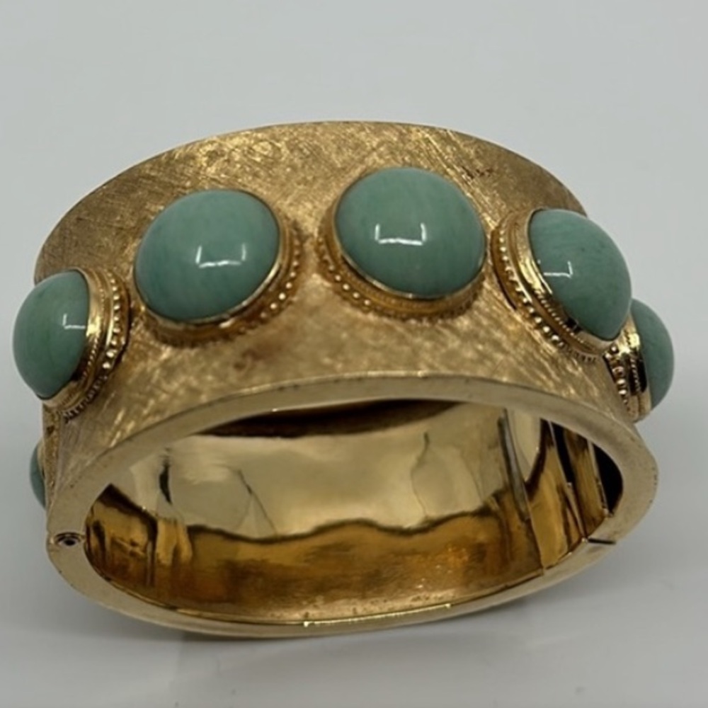 Vintage metal with teal beaded wide bangle bracelet